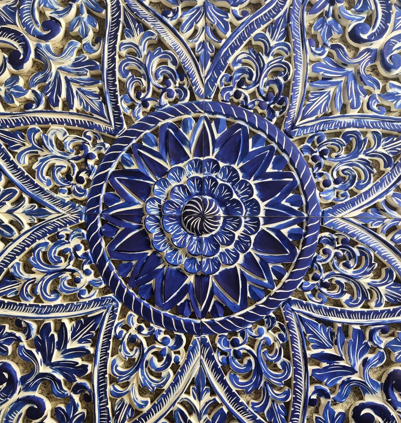 The Victoria Mandala Handmade Bed Headboard with Lotus Carved Panels by Crafted Fashions