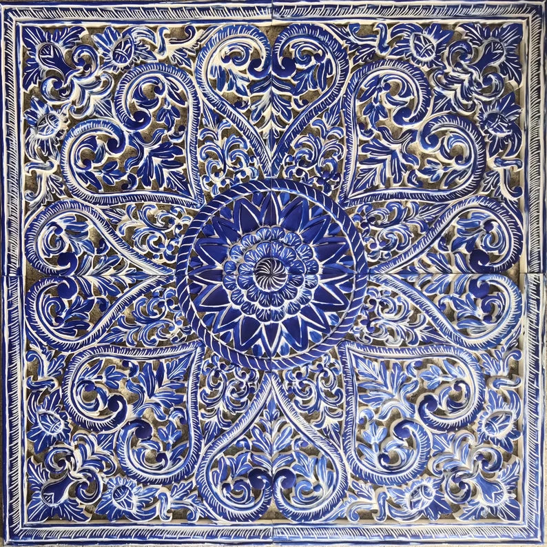 The Victoria Mandala Handmade Bed Headboard with Lotus Carved Panels by Crafted Fashions