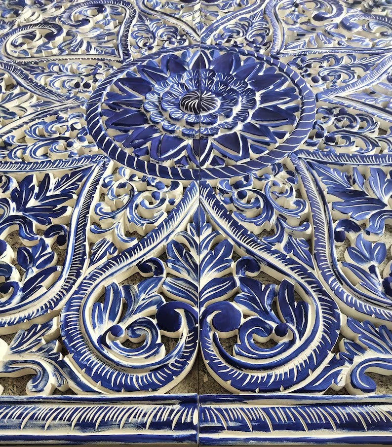 The Victoria Mandala Handmade Bed Headboard with Lotus Carved Panels by Crafted Fashions