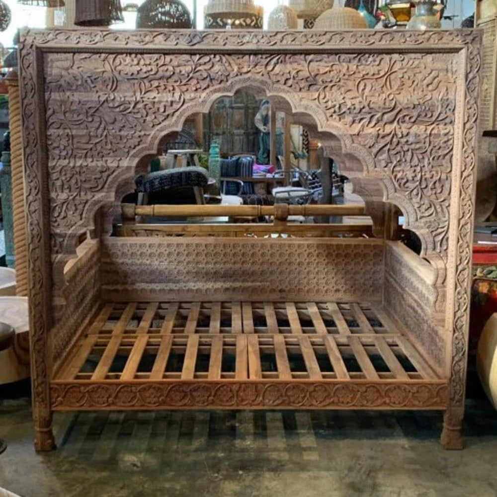 Hand Carved Arabic Bed Frame, Traditional Styles Tropical Hardwood