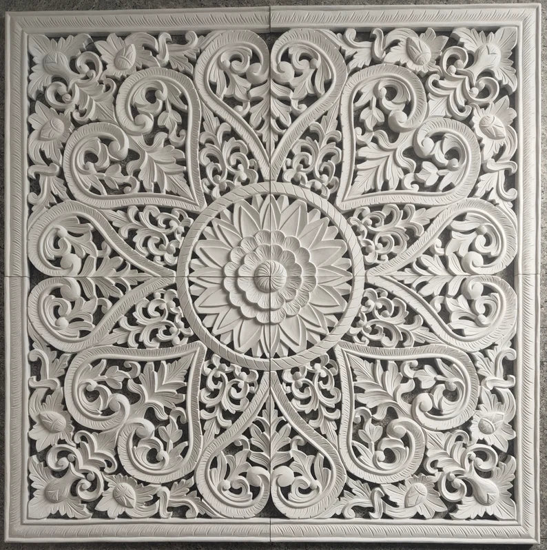 The Victoria Mandala Handmade Bed Headboard with Lotus Carved Panels by Crafted Fashions