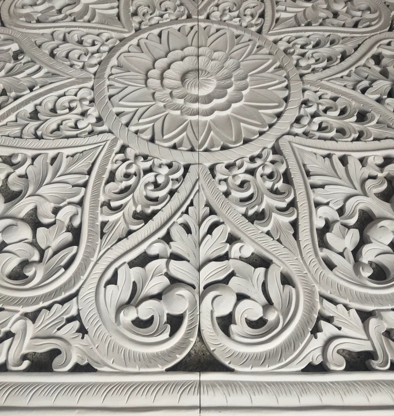 The Victoria Mandala Handmade Bed Headboard with Lotus Carved Panels by Crafted Fashions