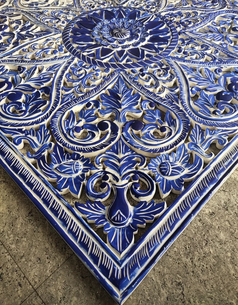 The Victoria Mandala Handmade Bed Headboard with Lotus Carved Panels by Crafted Fashions