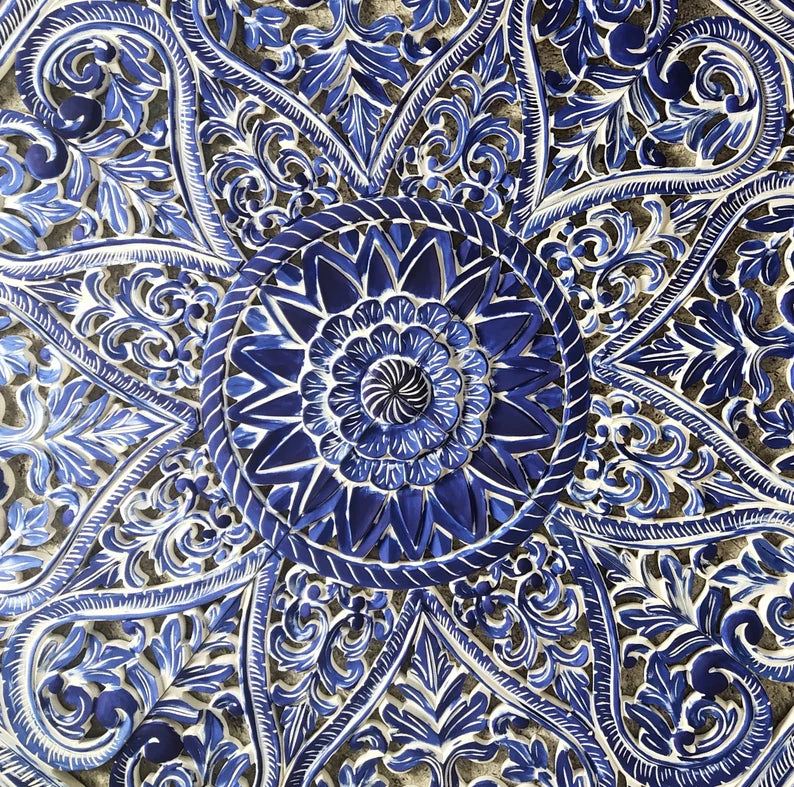 The Victoria Mandala Handmade Bed Headboard with Lotus Carved Panels by Crafted Fashions