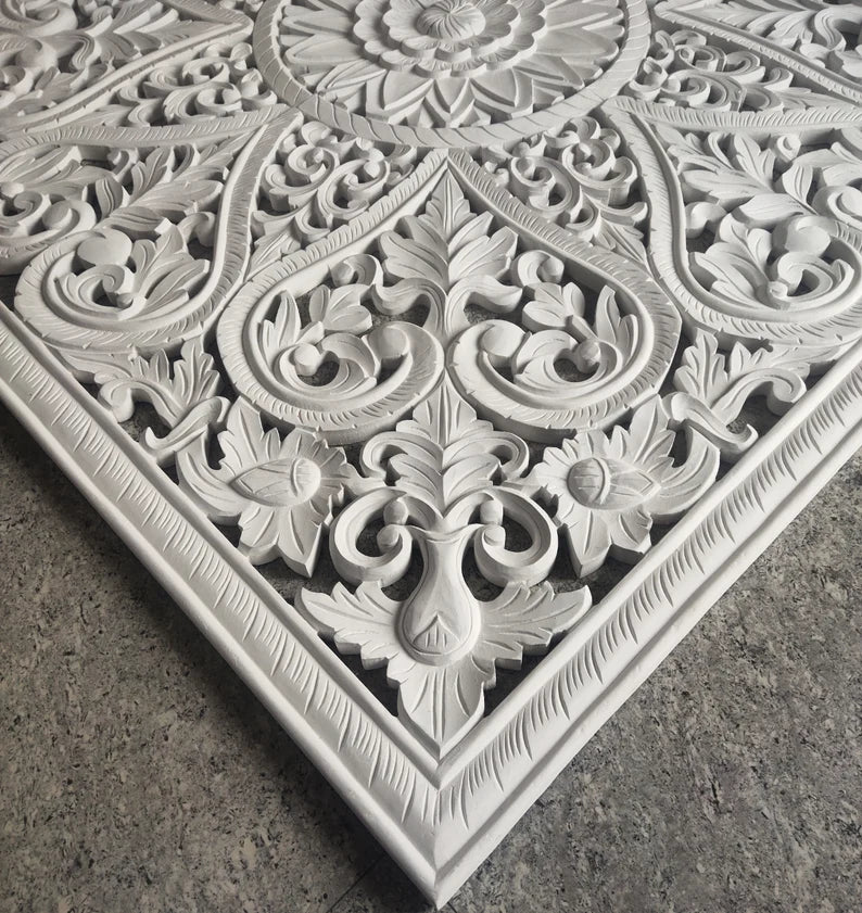 The Victoria Mandala Handmade Bed Headboard with Lotus Carved Panels by Crafted Fashions