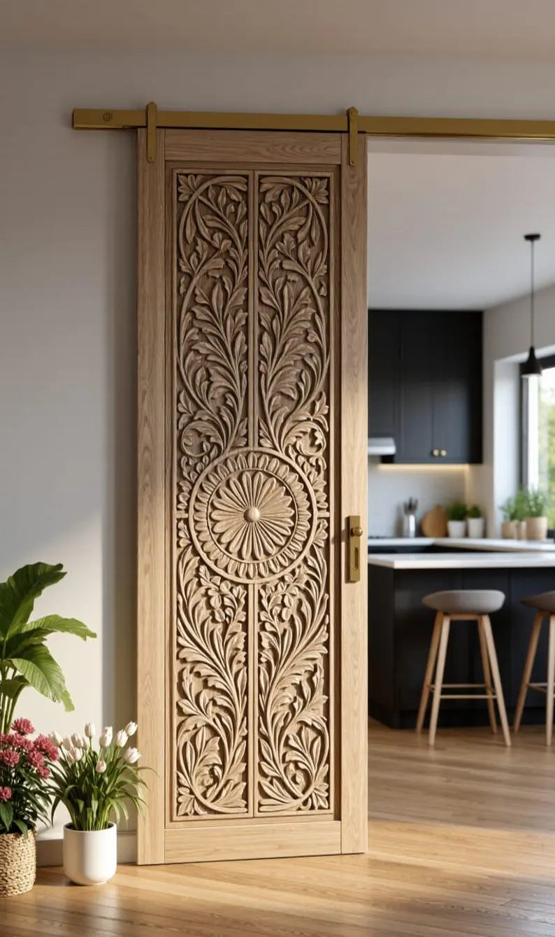 Natural Wood Hand-Carved Sliding Partition Door – Floral Medallions & Jaali – view 2