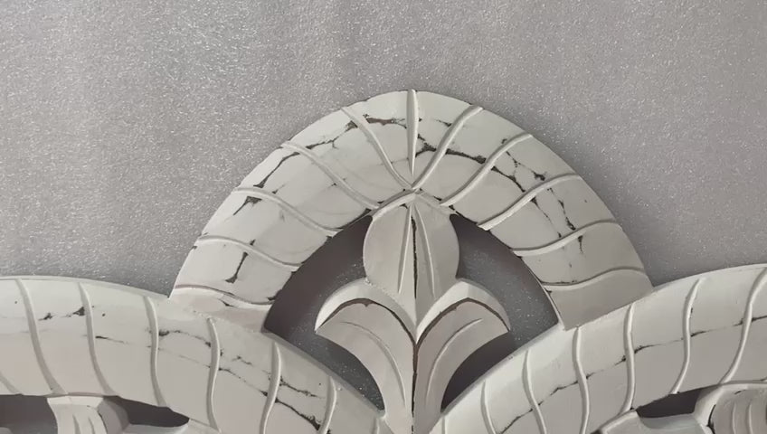 Luxurious Bohemian hand-carved white coastal king bed headboard by Crafted Fashions