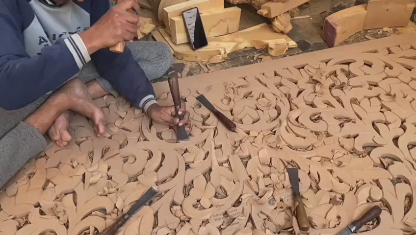 Luxurious Bohemian hand-carved white coastal king bed headboard by Crafted Fashions