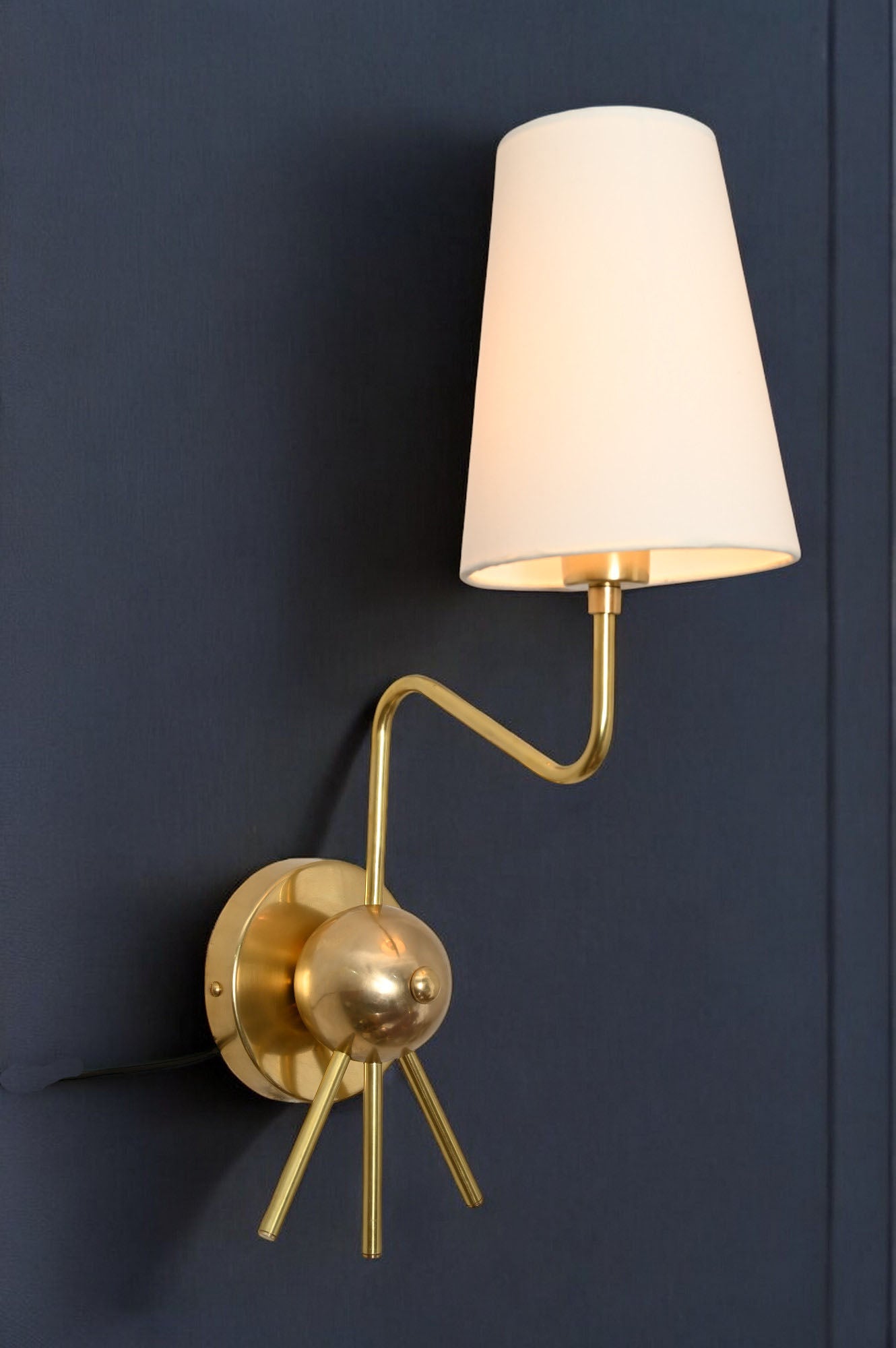 Handmade Brass Sputnik Wall Lamp: Linen shade, warm glow, elegant timeless style