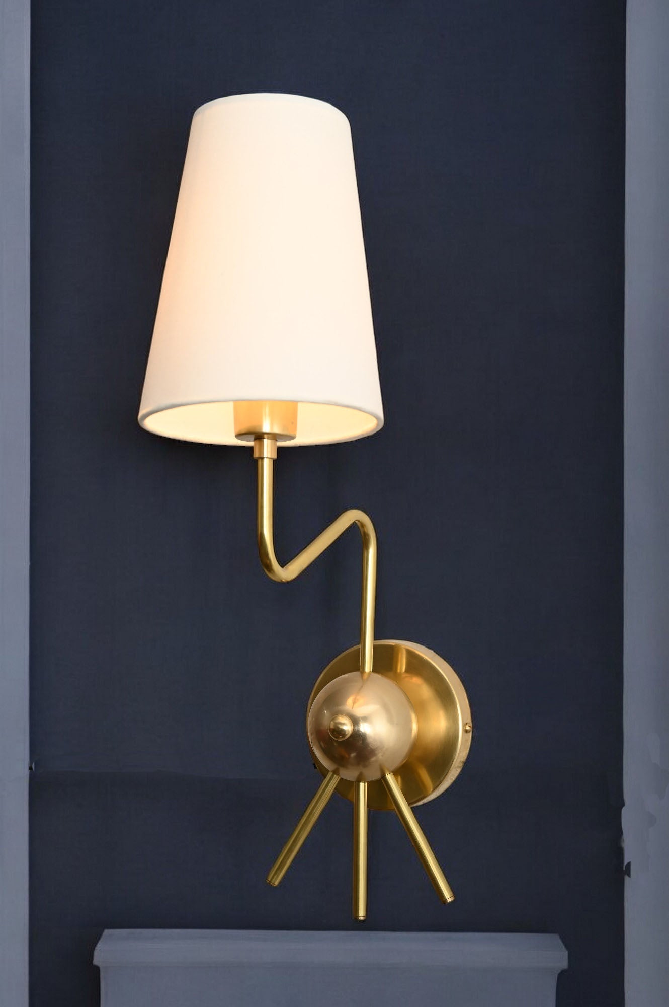 Handmade Brass Sputnik Wall Lamp: Linen shade, warm glow, elegant timeless style