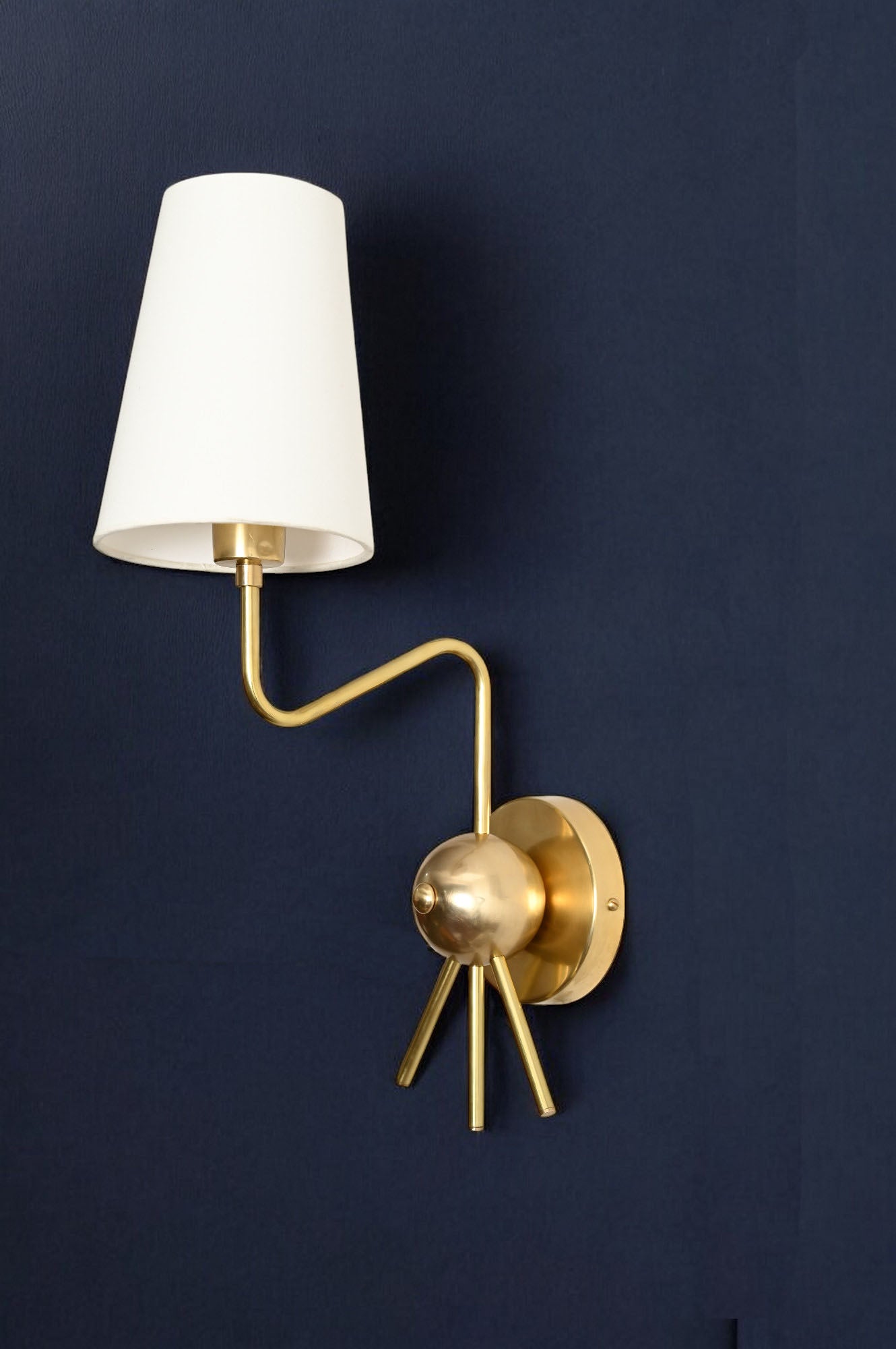 Handmade Brass Sputnik Wall Lamp: Linen shade, warm glow, elegant timeless style