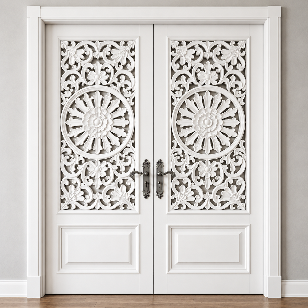 White Hand-Carved Double French Entry Doors – Floral Medallion Carvings – view 3