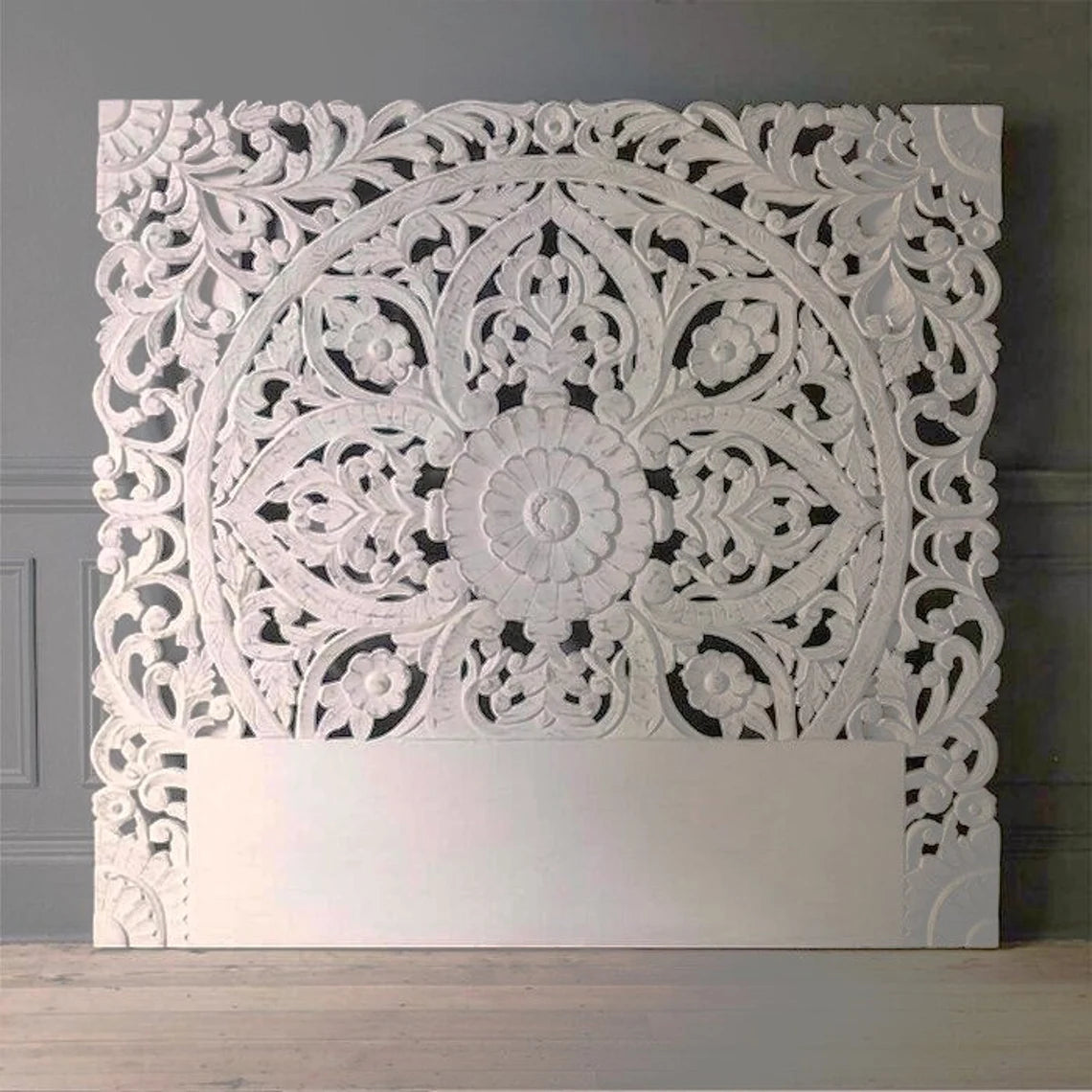 Victoria Hand Carved Mandala Wall Mount Wood Bed Headboard by Crafted Fashions