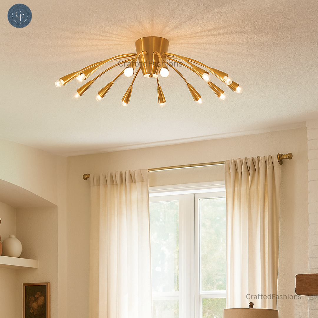 Large 12-Light Brass Mid-Century Sputnik Flush Mount