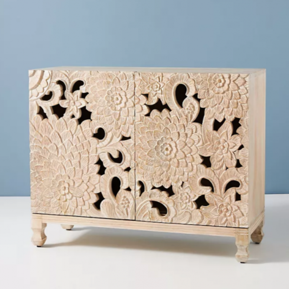 Hand-Carved Wooden Floral Cabinet, a Boho Chic storage unit with intricate flower designs