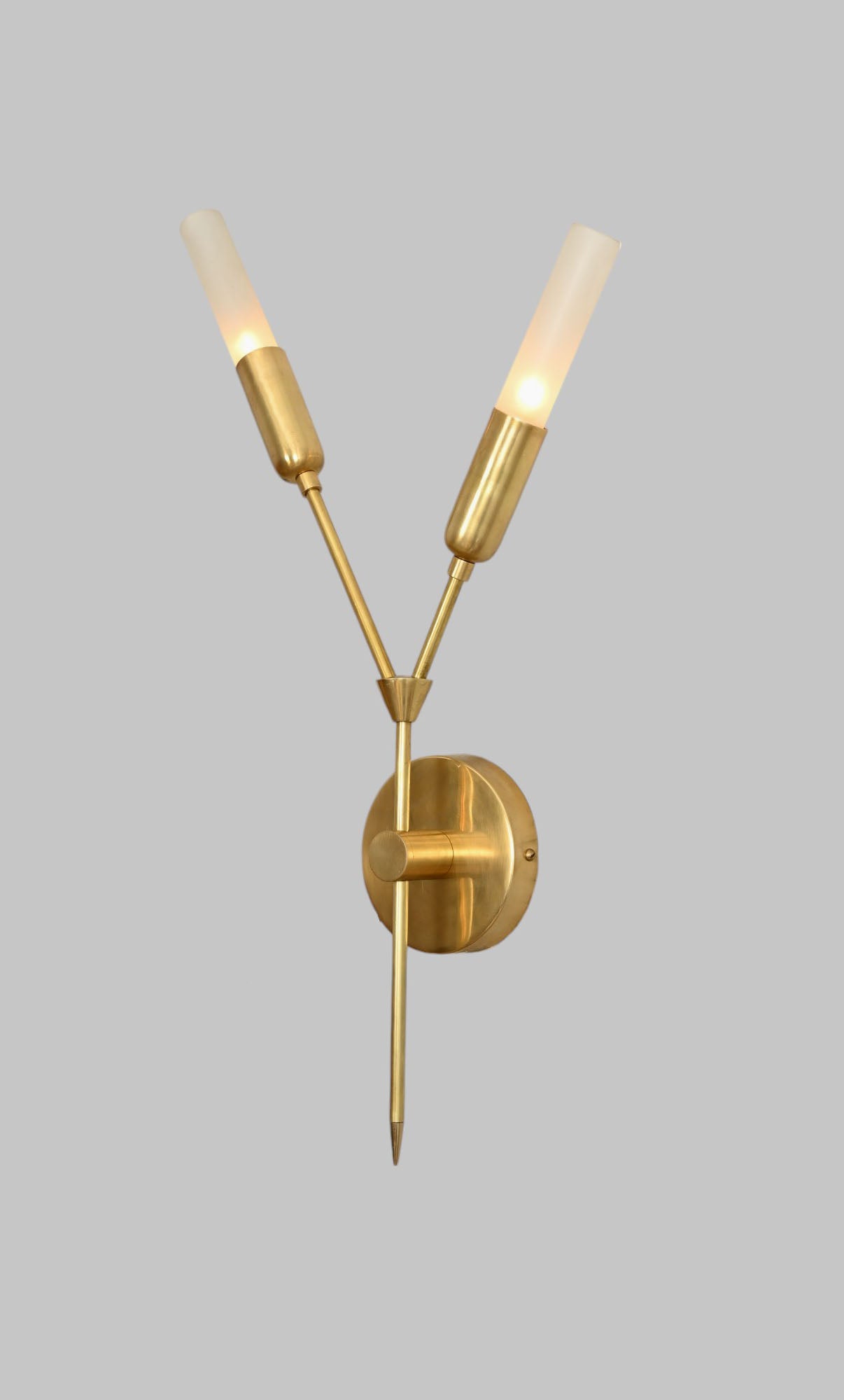 Illuminate your space with the Glass Tube Wall Sconce, featuring raw brass accents