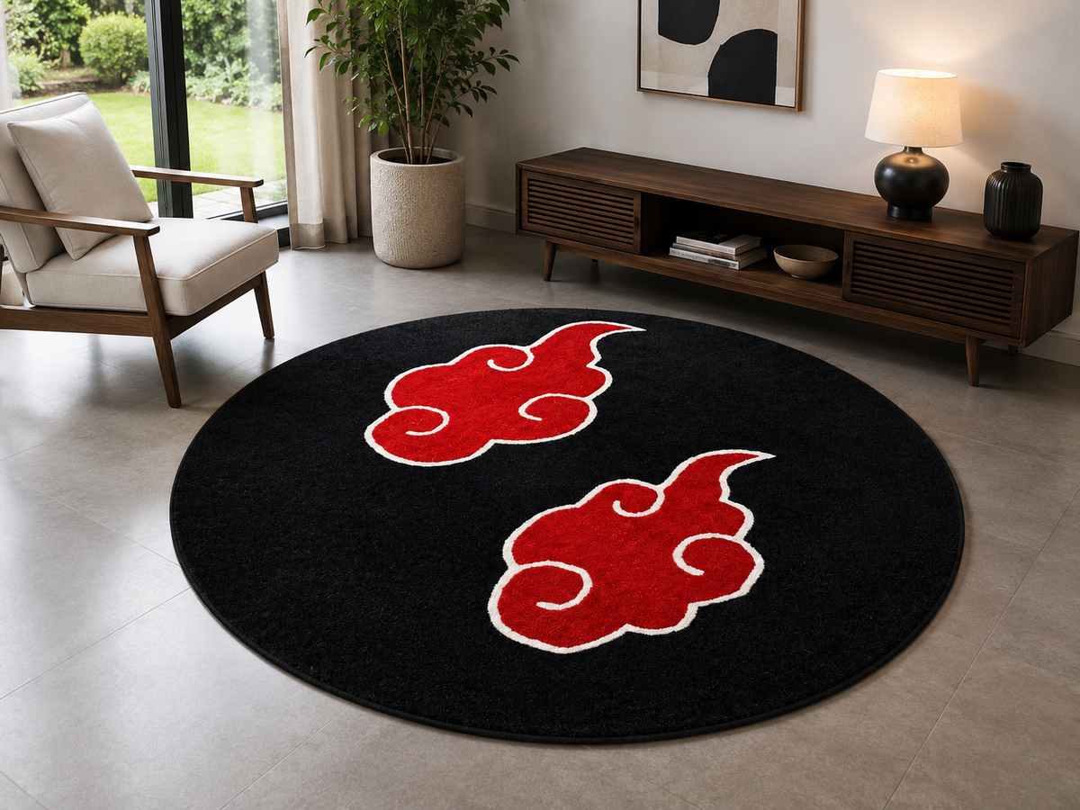 Hand-Tufted Anime Cloud Rug – Black & Red Wool, Cut Pile
