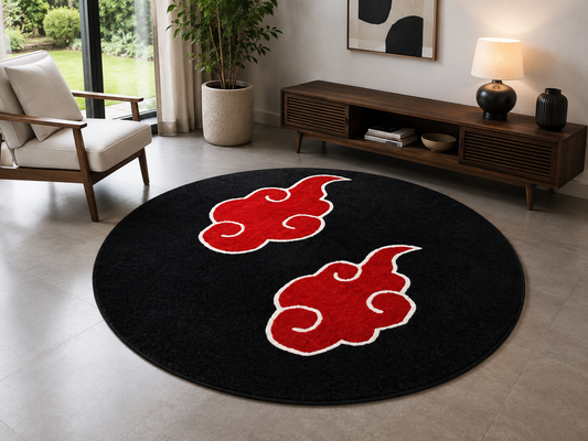 Hand-Tufted Anime Cloud Rug – Black & Red Wool, Cut Pile