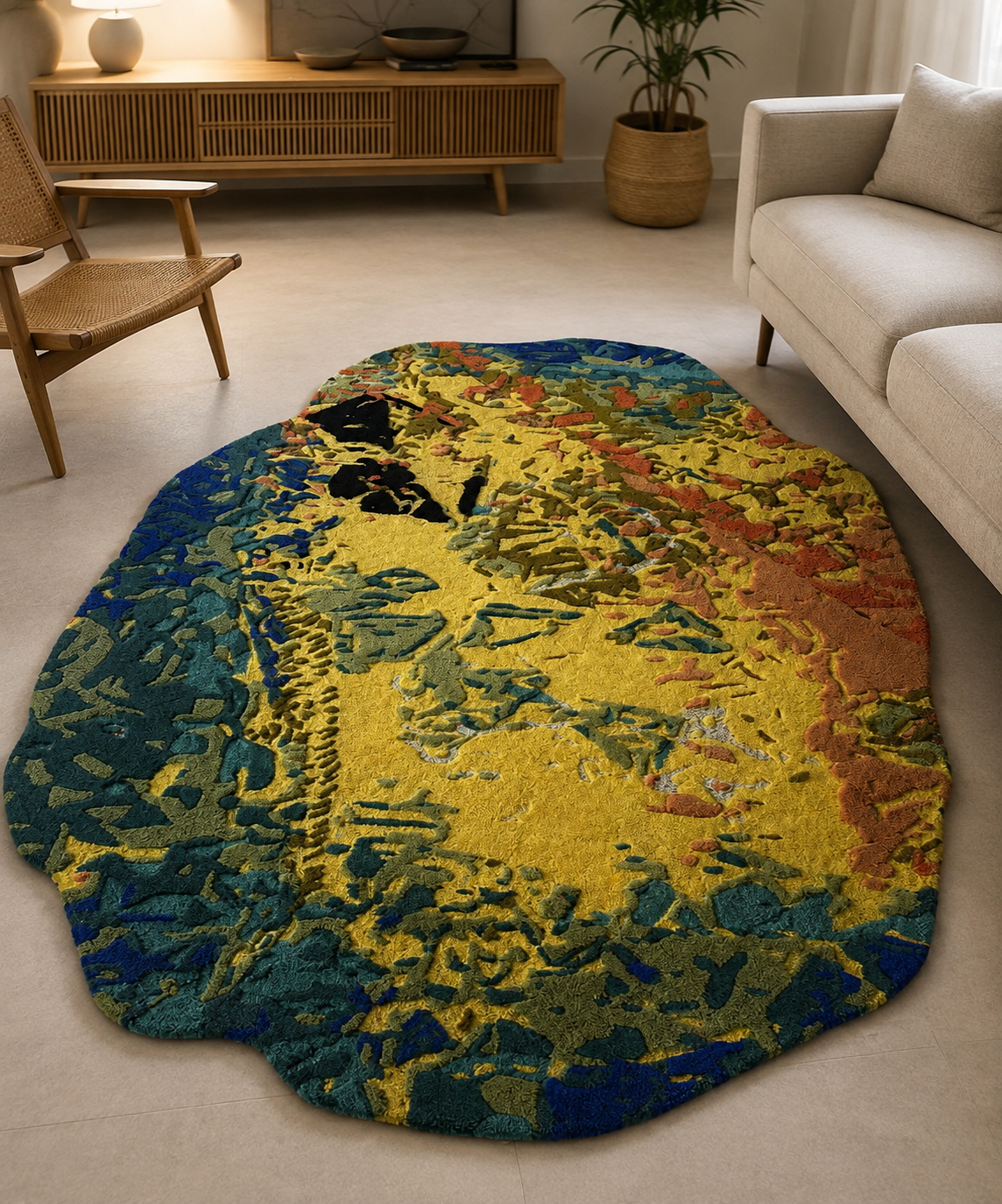 Hand-Tufted Abstract Rug – Multi-Color Wool, High-Low Loop Cut Pile – view 2
