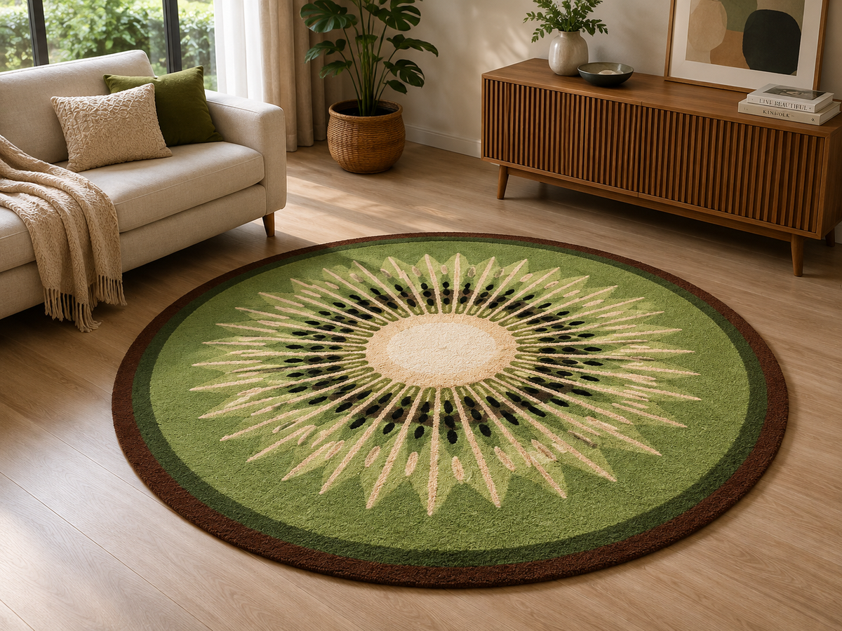 Hand-Tufted Kiwi Inspired Rug – Multi-Color Wool, Round Cut Pile