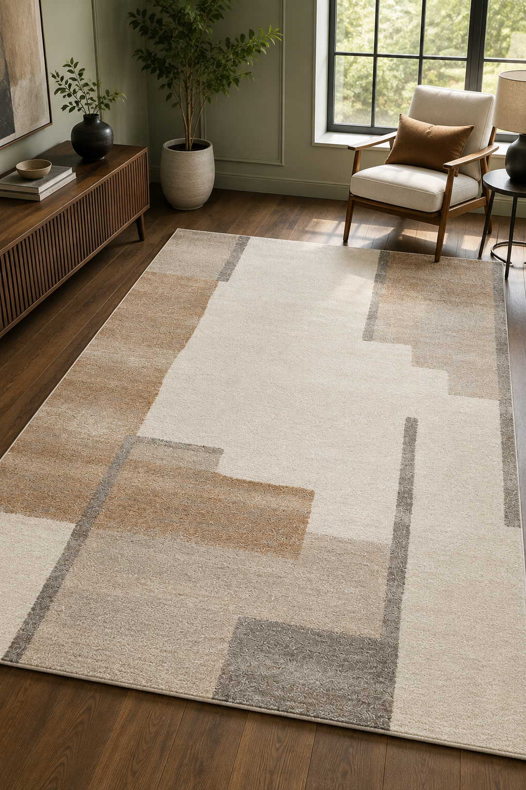 Hand-Tufted Block Art Rug – Ivory Wool, Medium Pile