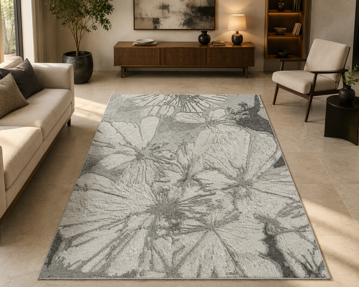 Hand-Tufted Phool Floral Rug – Beige Green Wool, High-Low Pile