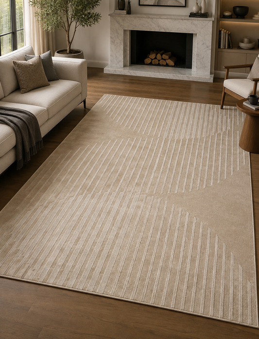 Hand-Tufted Classic Rug – Beige Wool, High-Low Cut Pile
