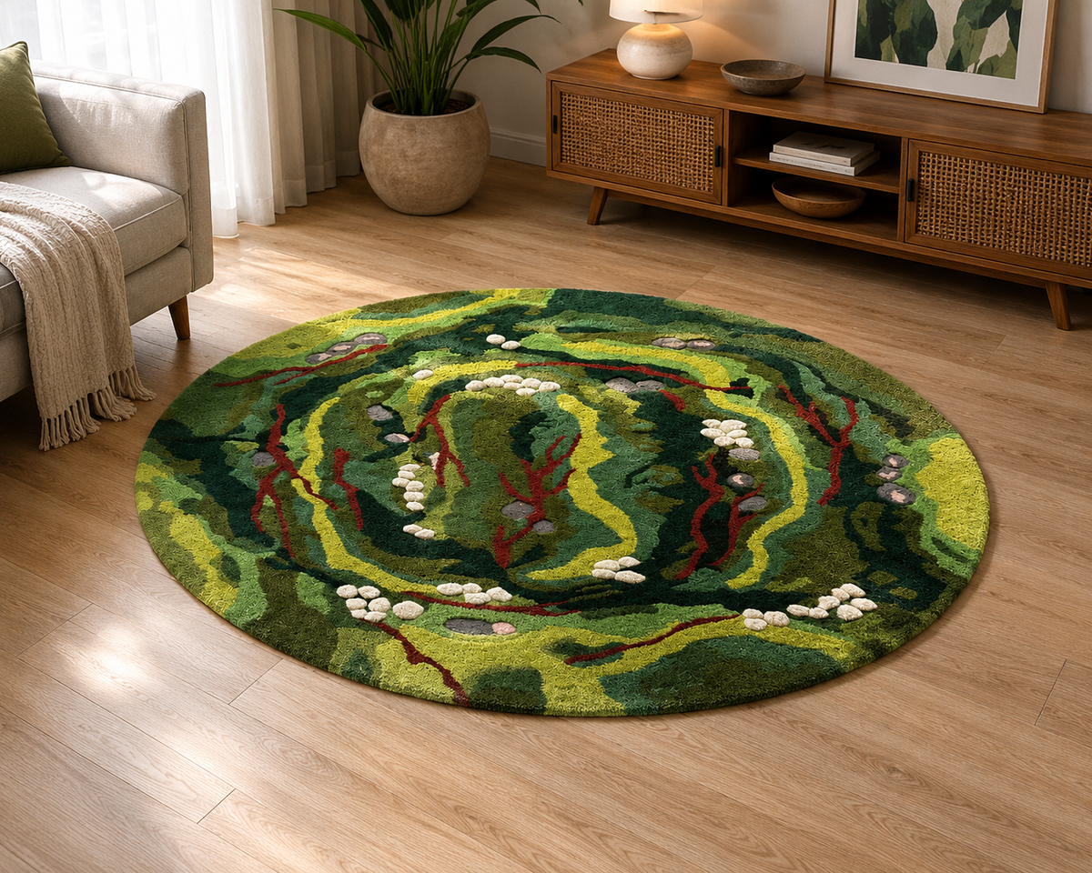 Hand-Tufted Moss Pebble Rug – Multi-Color Wool, Round High-Low Pile – view 2