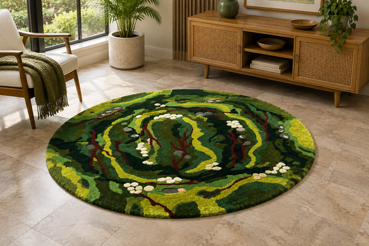Hand-Tufted Moss Pebble Rug – Multi-Color Wool, Round High-Low Pile