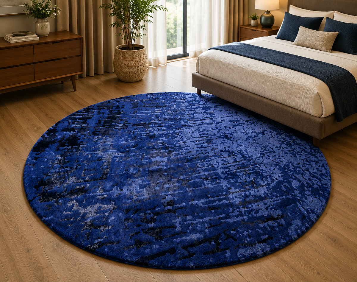 Hand-Tufted Abstract Round Rug – Navy Blue Wool, Cut Pile