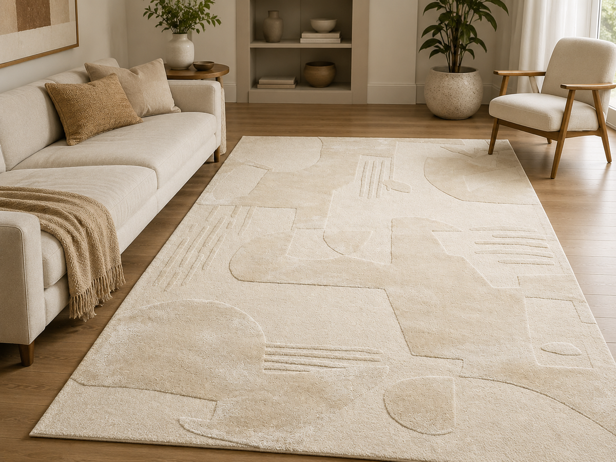 Hand-Tufted Contemporary Rug – Beige Wool, High-Low Pile – view 2