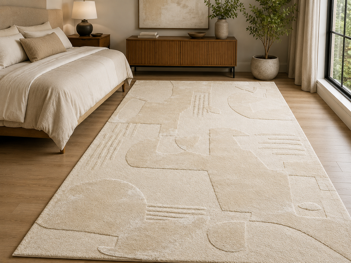 Hand-Tufted Contemporary Rug – Beige Wool, High-Low Pile