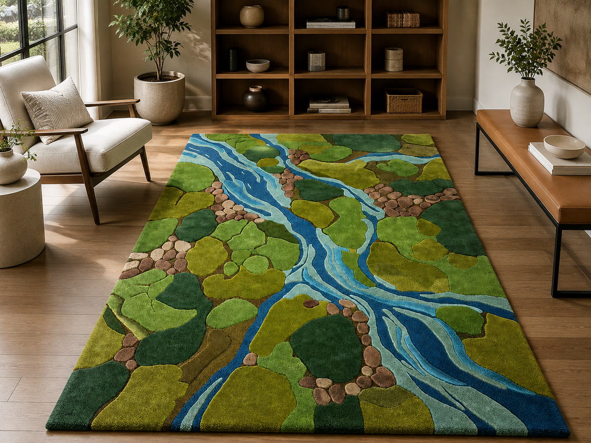 Hand-Tufted Moss Rug – Multi-Color Wool, High-Low Cut Loop Pile