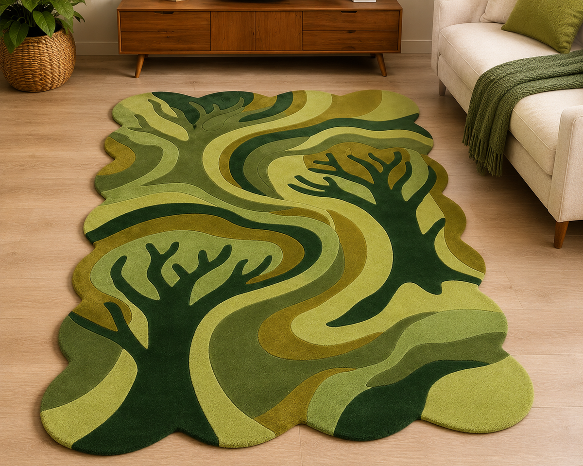 Hand-Tufted Moss Rug – Green Wool, Scalloped High-Low Pile – view 3