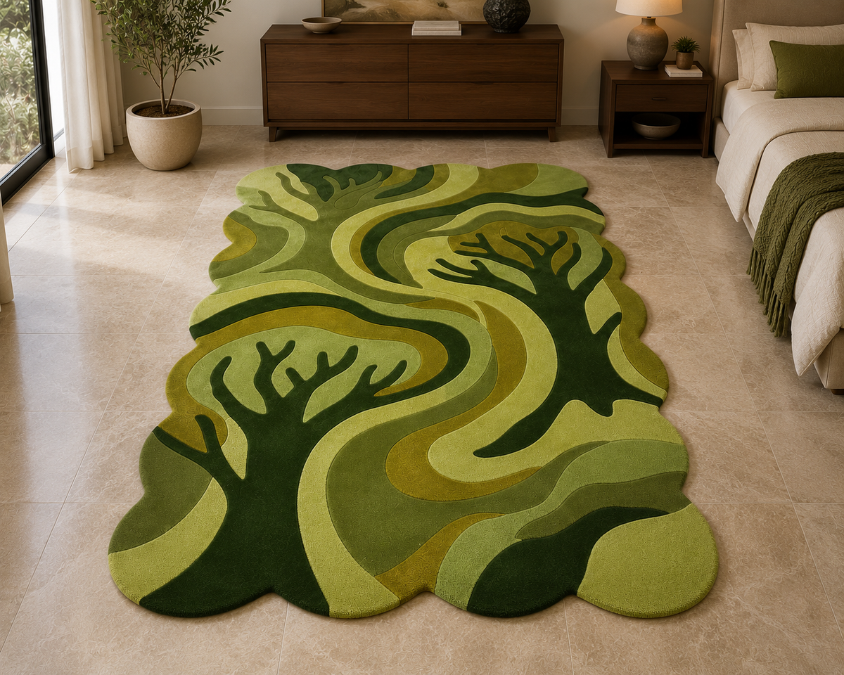 Hand-Tufted Moss Rug – Green Wool, Scalloped High-Low Pile