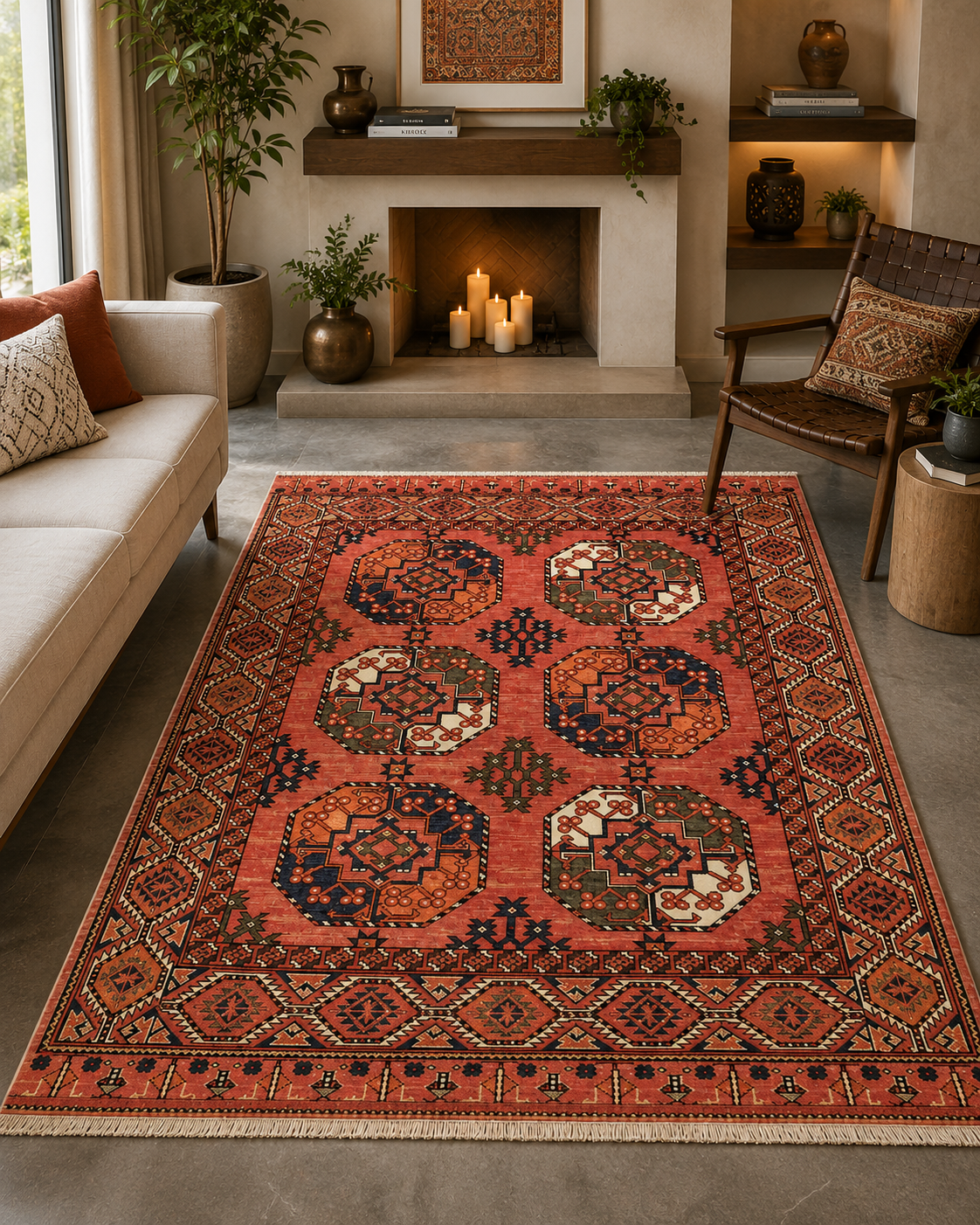 Hand-Knotted Bokhara Rug – Rust & Ivory Large Gul, Wool Cut Pile – view 2