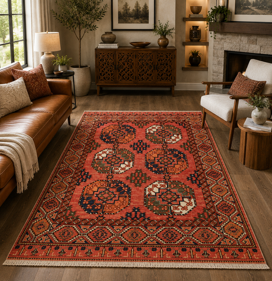 Hand-Knotted Bokhara Rug – Rust & Ivory Large Gul, Wool Cut Pile