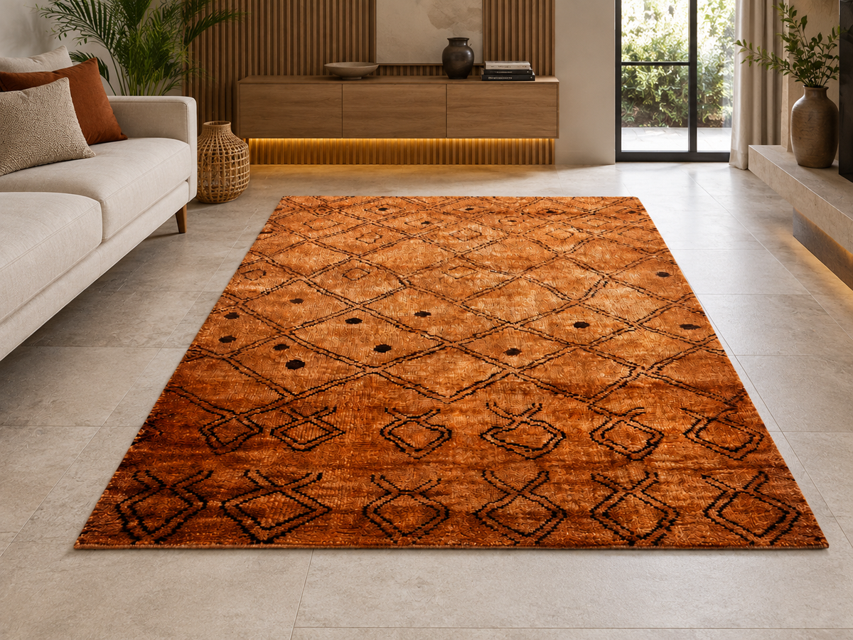 Hand-Knotted Diamond Pattern Jute Rug – Multi-Color, Cut Pile