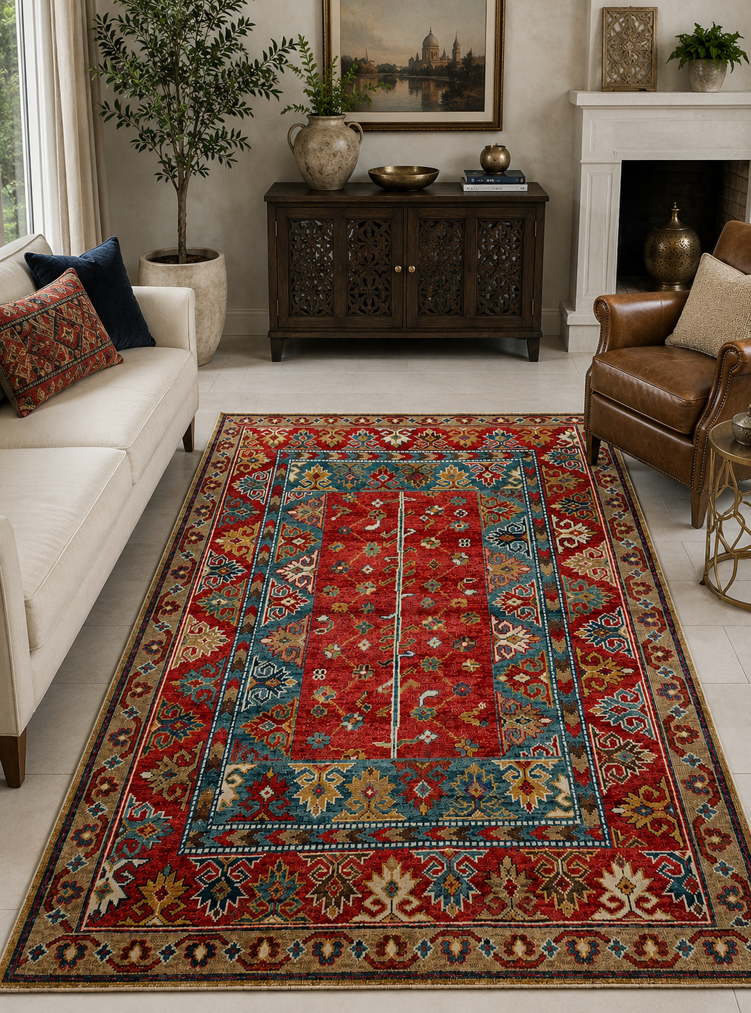 Hand-Knotted Heriz Rug – Natural Brown & Gold Wool & Silk, High-Low Pile