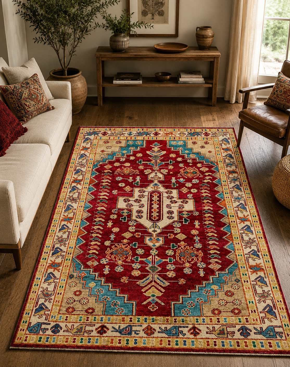 Hand-Knotted Heriz Carpet – Multi-Color Wool & Silk, High-Low Pile – view 3