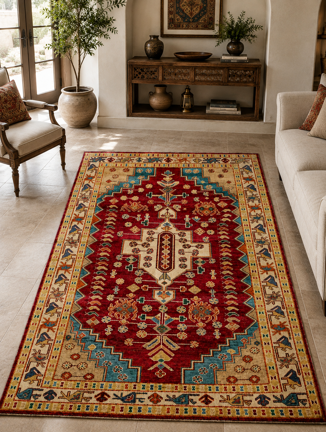 Hand-Knotted Heriz Carpet – Multi-Color Wool & Silk, High-Low Pile – view 2