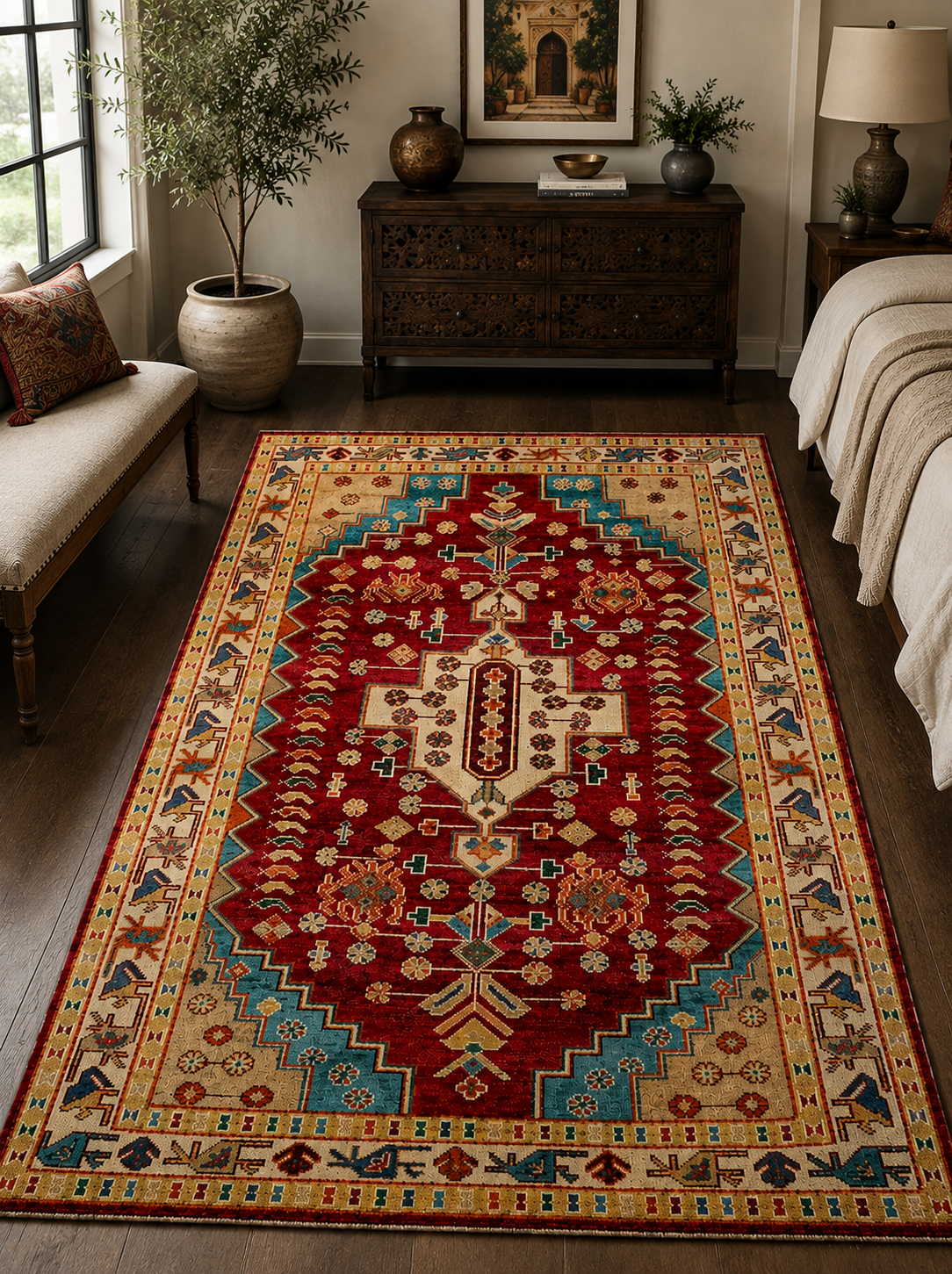 Hand-Knotted Heriz Carpet – Multi-Color Wool & Silk, High-Low Pile