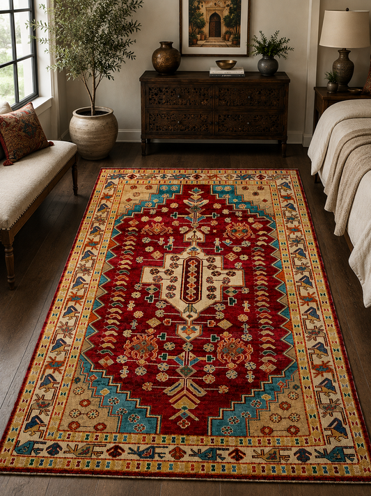 Hand-Knotted Heriz Carpet – Multi-Color Wool & Silk, High-Low Pile