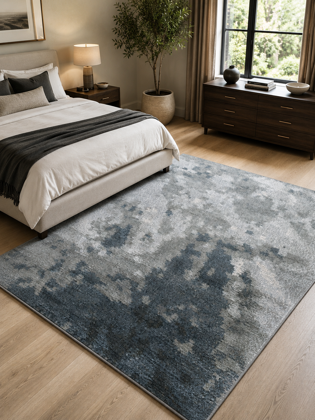 Hand-Knotted Tibetan Abstract Rug – Charcoal Black Wool & Silk – view 2