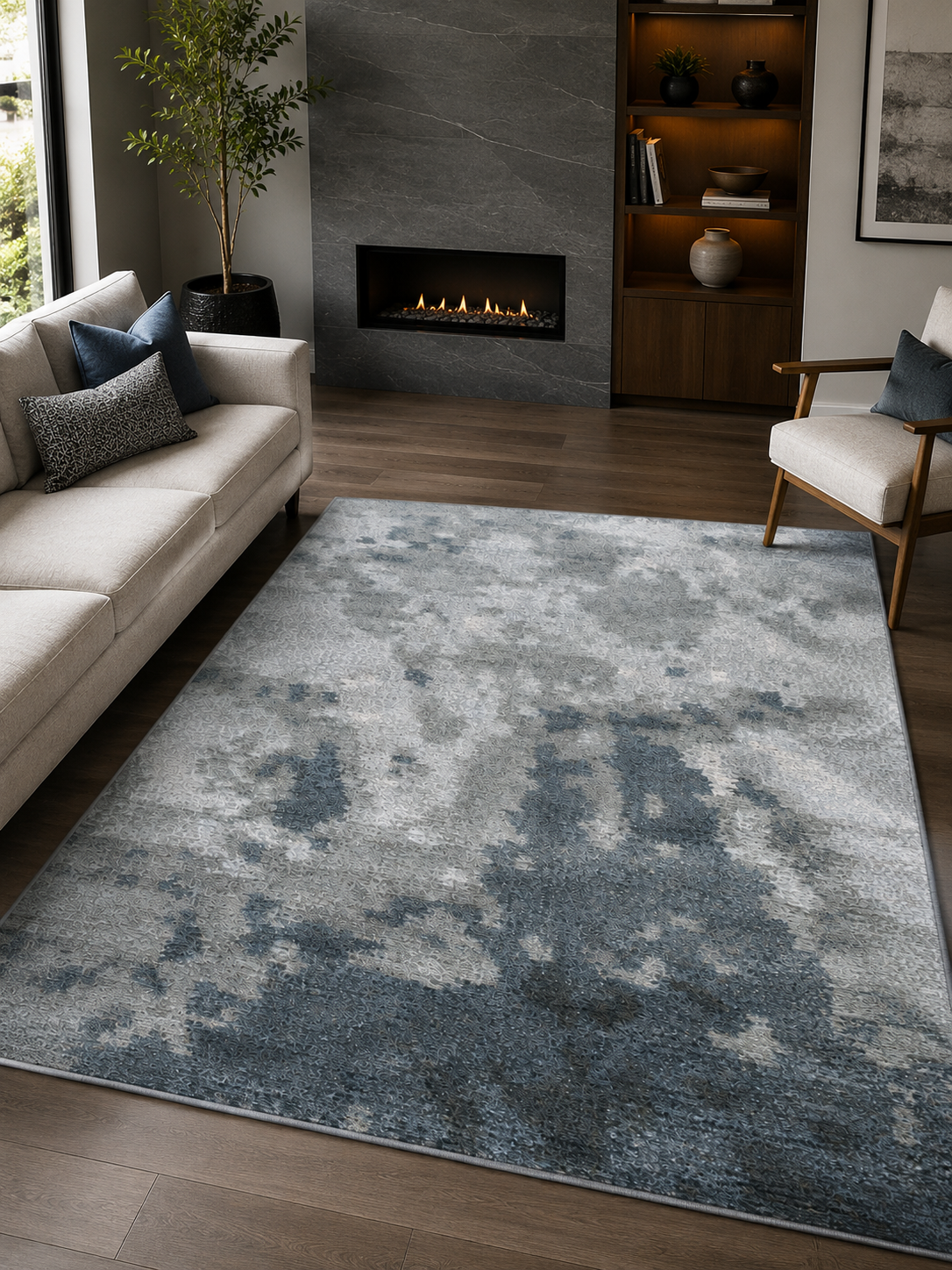 Hand-Knotted Tibetan Abstract Rug – Charcoal Black Wool & Silk