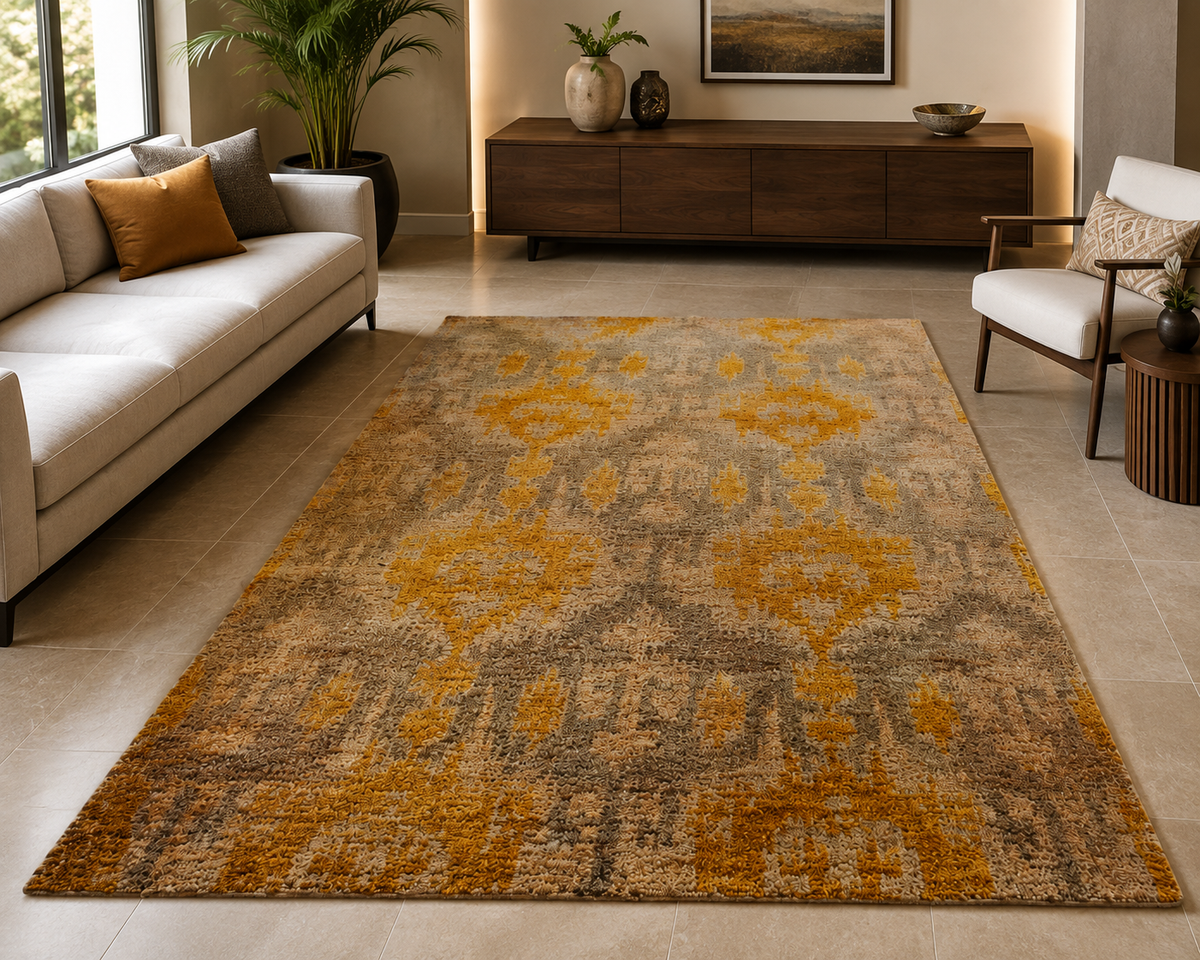 Hand-Knotted Ikkat Rug – Natural & Gold Jute, Cut Pile – view 2