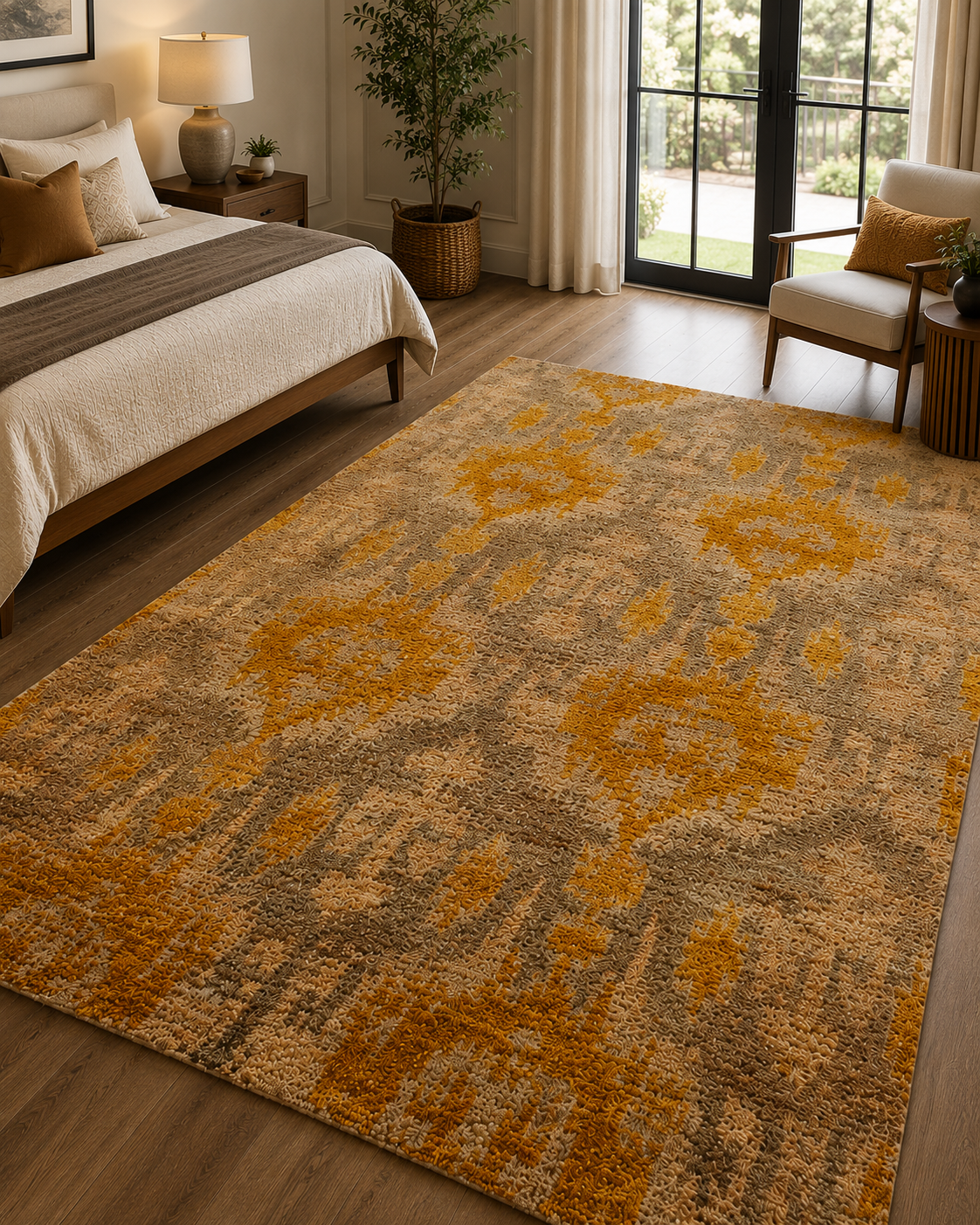 Hand-Knotted Ikkat Rug – Natural & Gold Jute, Cut Pile