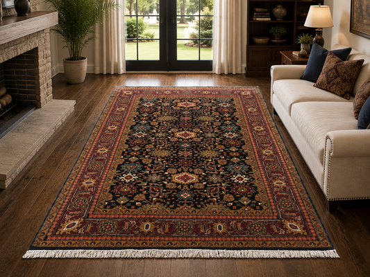 Hand-Knotted Kashan Rug – Multi-Color Wool & Silk, High-Low Pile