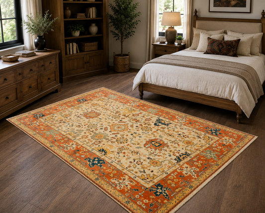 Hand-Knotted Kashan Persian Carpet – Multi-Color Wool & Silk