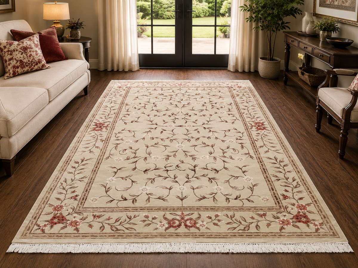 Hand-Knotted Zigler Rug – Ivory Wool & Silk, High-Low Pile – view 3